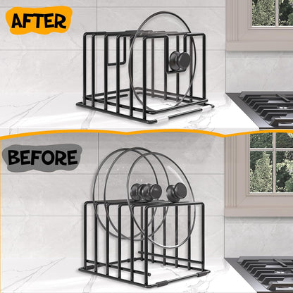 Cutting Board Organizer Rack with 7 Compartments, Heavy-Duty Iron Pan and Baking Sheet Organizer, Kitchen Cabinet Storage Rack with Non-Slip Base, Space-Saving Pot Lid Holder for Countertop & Pantry