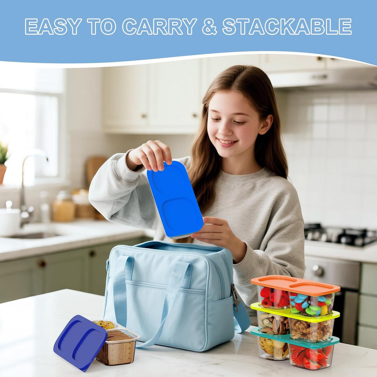 Snack Pack Containers for Kids, Reusable Snack Containers with Lids, 2 Compartment Small Bento Snack Box, BPA-Free, Lunchbox Accessories for Travel
