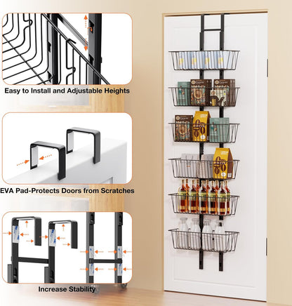 10 Tier Over the Door Pantry Organizer, Over the Door Spice Rack with Adjustable Baskets, Metal Hanging Door Pantry Organizers and Storage for Kitchen Bathroom Bedroom, White