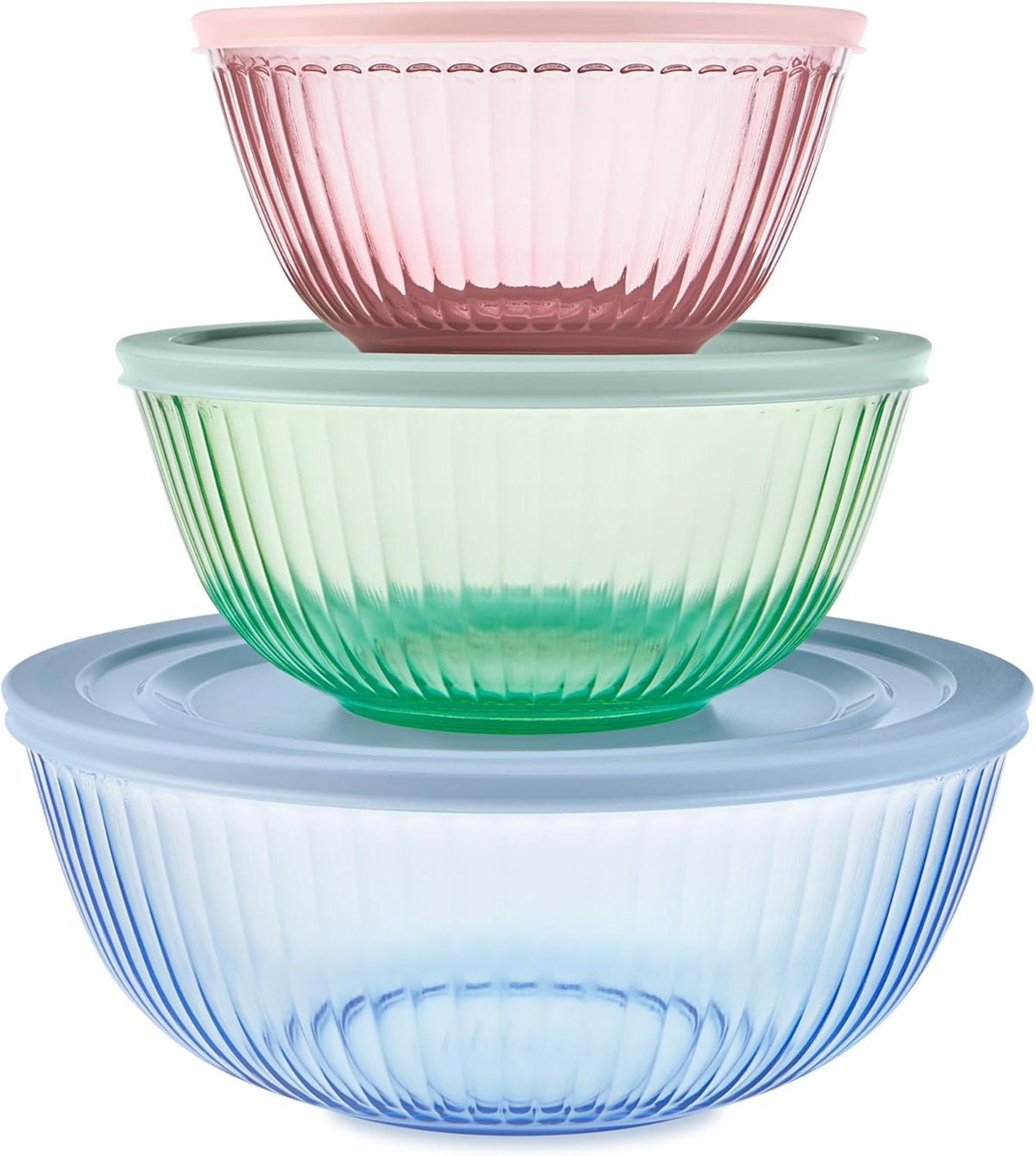 Pyrex Colors Tinted (Full Set) Sculpted Tinted Glass Mixing Bowls With Plastic Lids, Nesting Space Saving Set of Bowls For Prepping and Baking, 1.3QT, 2.3QT & 4.5QT