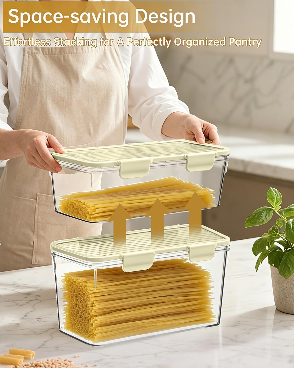 EORTA Set of 2 Spaghetti Pasta Storage Container with Lid, (3.6L/2.8L) Clear Kitchen Pantry Organizer for Noodles, Flour & Dry Food, Plastic Canisters Keeper Box with Black Cover, Size M/L (Black)