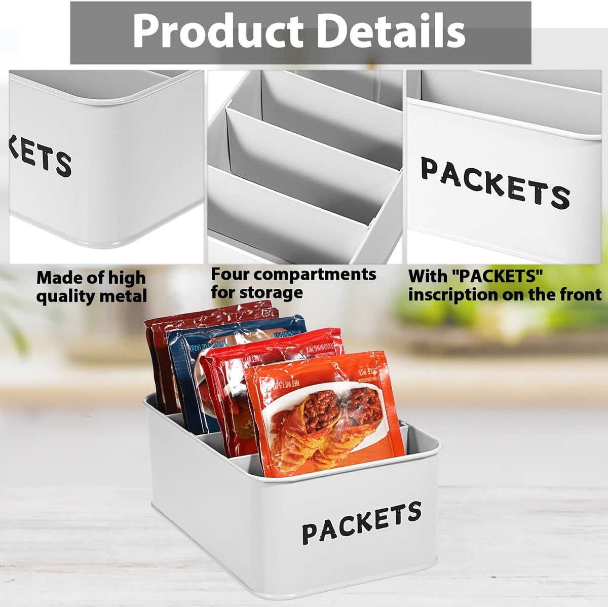BSTKEY Seasoning Packet Organizer, Food Storage Organizer with Divided 4 Compartments, Metal Storage Caddy for Kitchen Pantry Cabinet, Kitchen Organization Bin for Snacks Spice Packets, Black