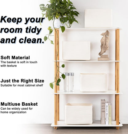 4 Pack Storage Baskets for Organizing, Woven Baskets for Shelves - Perfect for Toys, Books, Towels, and Clothes, Durable Gift Basket Bins Toy Storage, 12.7''Lx9''Wx7.8''H, Brown & White