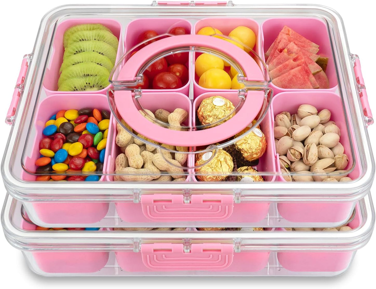 Divided Serving Tray with Lid and Handle,8 Compartments Snacks Box,Snack Fruit Tray,Veggie Tray,Portable Platter for Candy Fruits Nuts Snack Party Entertaining Picnic