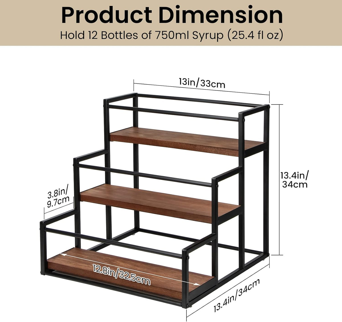 THYGIFTREE Coffee Syrup Rack Organizer 2-Tier 10 Syrup Bottles Holder Stand Metal with Wood Base for Coffee Bar Storage Shelves for Kitchen Countertop Matte Black