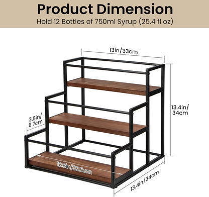 THYGIFTREE Coffee Syrup Rack Organizer 2-Tier 10 Syrup Bottles Holder Stand Metal with Wood Base for Coffee Bar Storage Shelves for Kitchen Countertop Matte Black