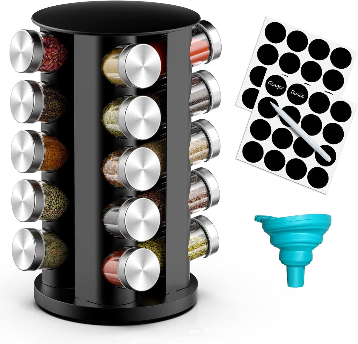 Handisen Rotating Spice Rack Organizer for Cabinet, Spice Racks Storage with 20 Jars, Spinning Spice rack for Kitchen Countertop, Spice Holder,Seasoing Storage Racks, Black
