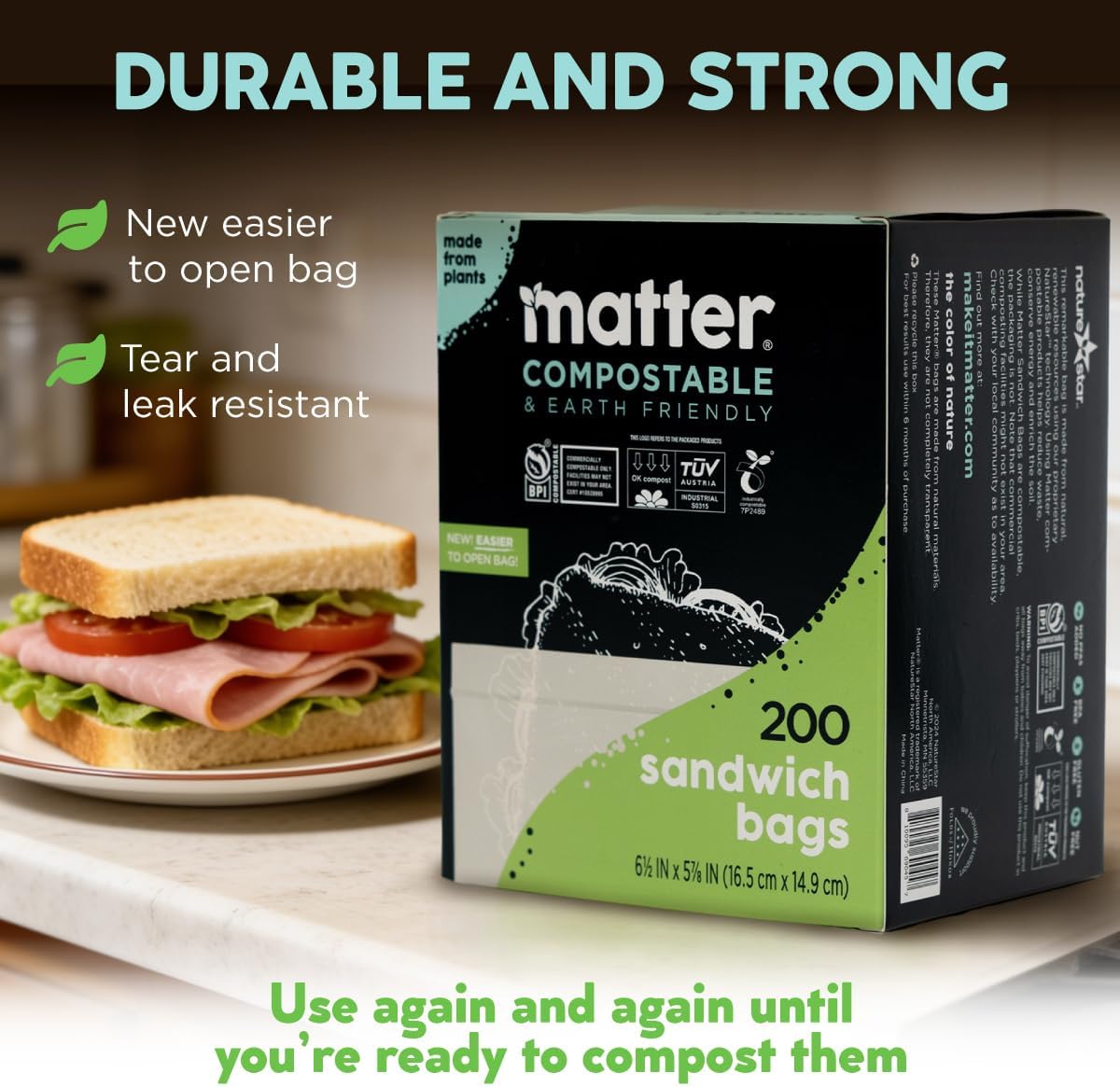 Matter Compostable Assorted Kitchen Bags, 230 Count, Biodegradable, Eco-Friendly Resealable Food Storage Variety Pack, 80 Snack, 80 Sandwich, 50 Quart & 20 Gallon