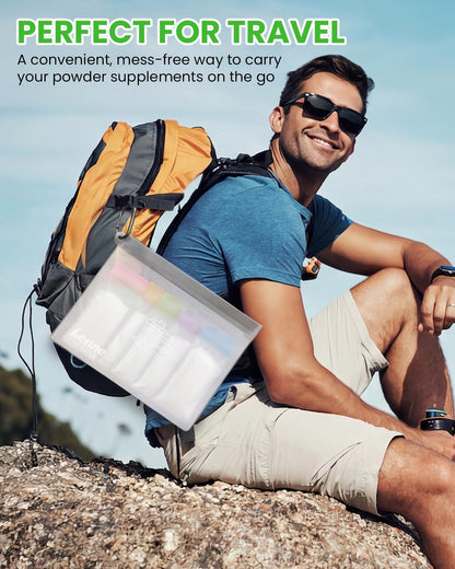 Lerine Protein Powder Travel Container Set, Reusable Protein Powder Container To Go, 21Pcs Single Dose Bags & 3Pcs Large Zip Bags, Portable Supplement Storage Containers with Funnel, Spoon