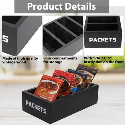 BSTKEY Seasoning Packet Organizer, Food Packet Storage Organizer with 4 Compartments, Wooden Storage Caddy for Kitchen Pantry Cabinet, Farmhouse Kitchen Organization Bin for Snacks Spice Packets