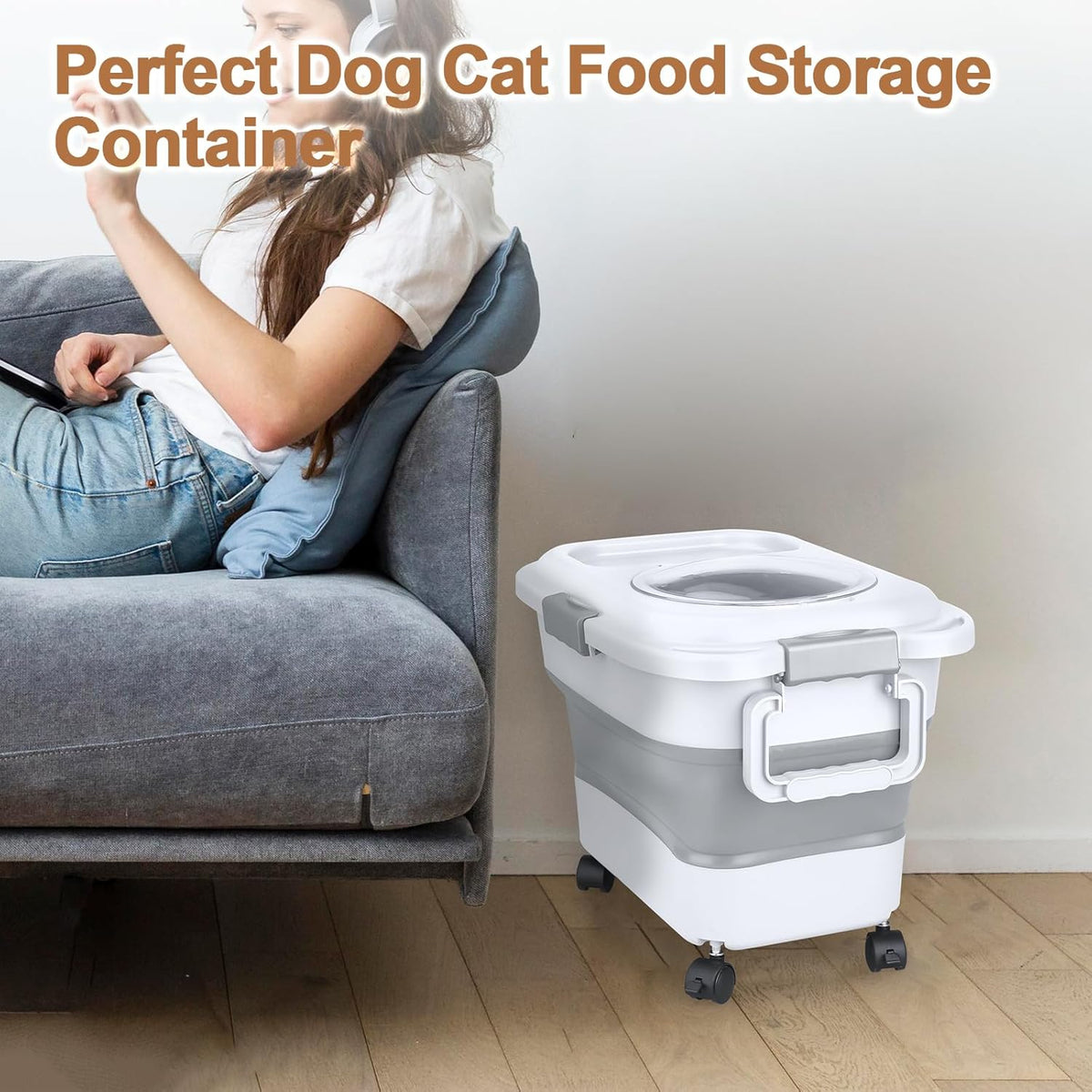 Dog Food Storage Container，10-25 lbs Airtight Collapsible Cat Food Storage Container with Attachable Wheels, Portable Handle, Dog Food Scoop for Dog Cat Bird Pet Dry Food Storage Bin Dark Grey
