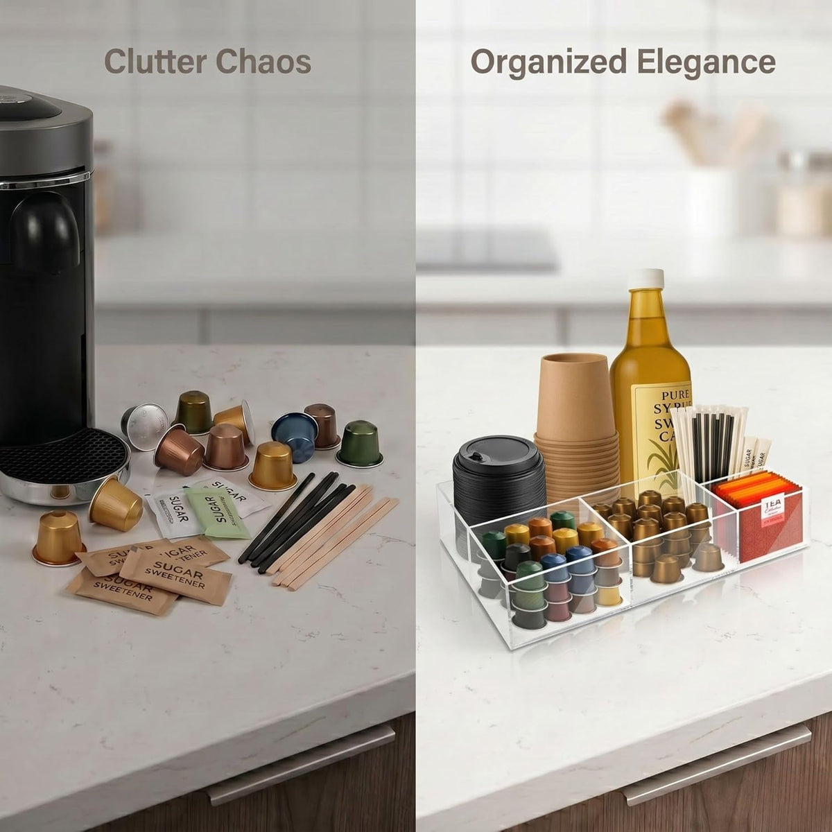 Coffee Bar Organizer for Countertop – Wooden Coffee Caddy with Compartments for Pods, Sugar Packets, and Accessories – Coffee Condiment Station Storage for Home and Office (Black)