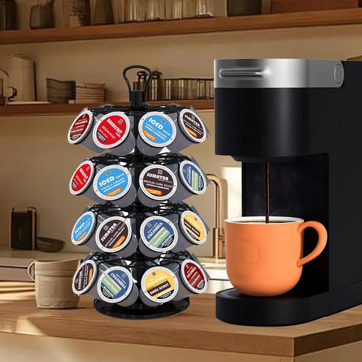 BLACKSMITH FAMILY 36 K Cup Pod Carousel Easy Assembly Design K Cup Holders,K Cup Holder, K Cups Holder,K Cup Carousel, 4-Tier Coffee Pods Holder Storage Organizer Stand,Glossy Black