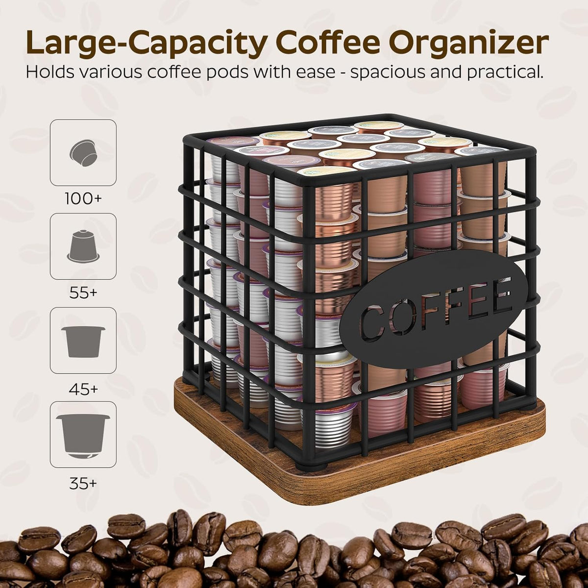 YATINEY Coffee Pod Holder for K Cup, Large Capacity Coffee Pod Organizer, Versatile Coffee Capsule Storage Basket with Wooden Base, White KH10WN