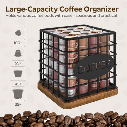 YATINEY Coffee Pod Holder for K Cup, Large Capacity Coffee Pod Organizer, Versatile Coffee Capsule Storage Basket with Wooden Base, White KH10WN