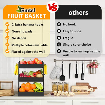 Gmtsl Bamboo Fruit Basket for Kitchen – 3 Tier Fruit Bowl For Kitchen Counter, Large Fruit Holder With 2 Banana Hangers, Idea For Fruit and Vegetable Storage, Bread Basket, Snack Organizer(BLACK)