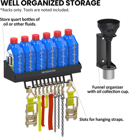 UNITEDPOWER 6 Quart Motor Oil Storage Rack, Bottle Shelf Mount Caddy With Funnel, Enclosed Race Trailer Shop Garage Organizer