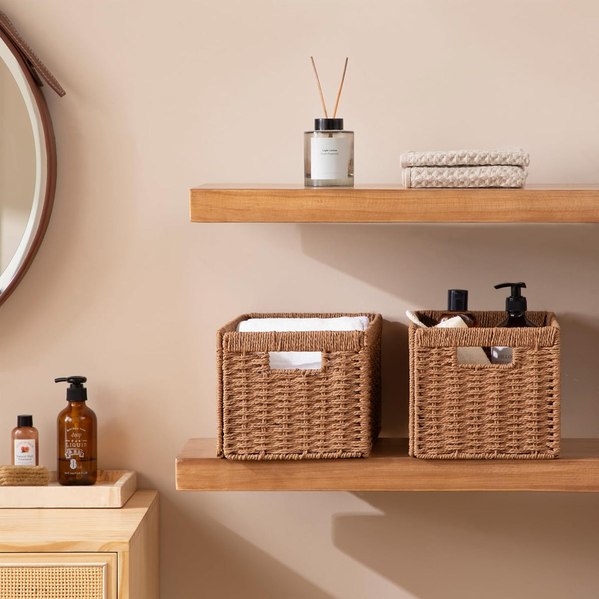 UBBCARE Wicker Basket, 13.4L×8.3H×7.1W inch Woven Paper Rope Storage Baskets for shelves, Foldable Rectangular Storage Baskets with Handle, Storage Basket for Organizing, Black