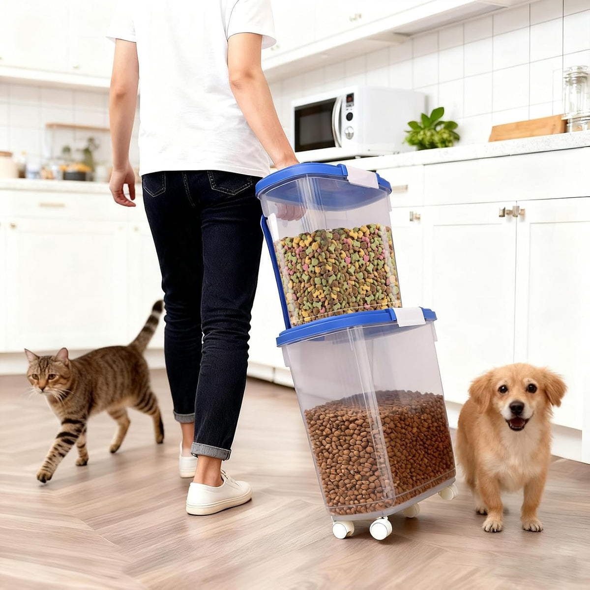 Large Rice Storage Container 15-20 Lbs, Tall Flour Container with Scoop + Cup - Slim Dry Food Storage Bin for Cereal, Sugar, Beans, Pet Dog Cat Food Container - Kitchen and Pantry Storage Organization