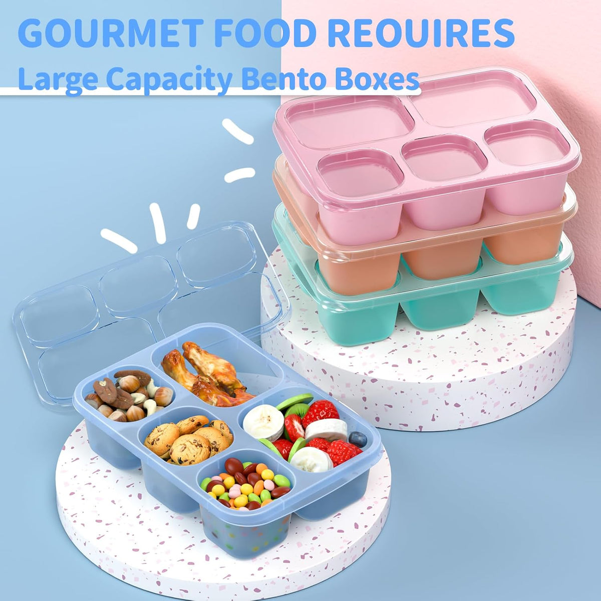 Bento Box Adult Lunch Box - 4 Pack, 5 - Compartment Meal Prep Container for Kids, Reusable Food Storage Snack Containers - Stackable for School, Work, and Travel (Wheat(Green/Blue/Pink/Beige))