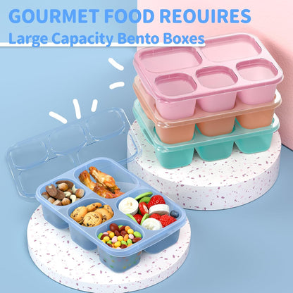 Bento Box Adult Lunch Box - 4 Pack, 5 - Compartment Meal Prep Container for Kids, Reusable Food Storage Snack Containers - Stackable for School, Work, and Travel (Wheat(Green/Blue/Pink/Beige))