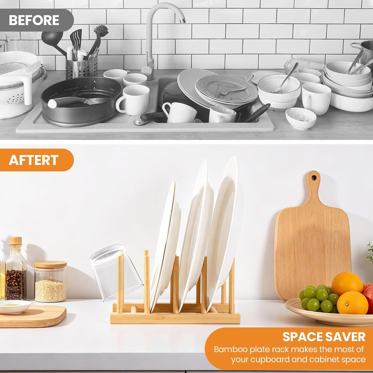 Bamboo Wooden Dish Rack-Pot Lid Plate Rack Organizer Holder for Cabinet