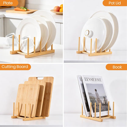 Bamboo Wooden Dish Rack-Pot Lid Plate Rack Organizer Holder for Cabinet