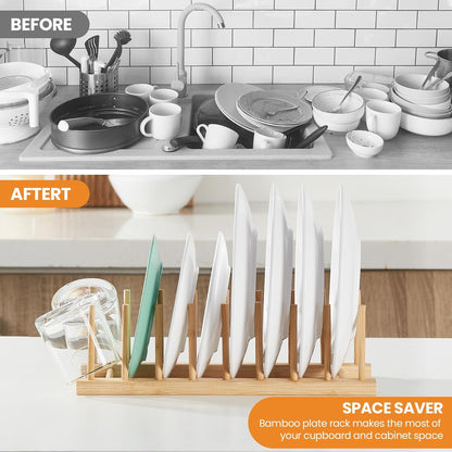 Bamboo Wooden Dish Rack-Pot Lid Plate Rack Organizer Holder for Cabinet