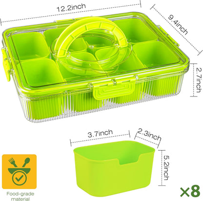 Patent Design Ribbed Snackle Box Container Snack Container Divided Serving Tray with Lid and Handle, 8 Divider Portable Snacklebox for Travel Beach for Charcuterie Veggie Fruit Candy,1 Pack