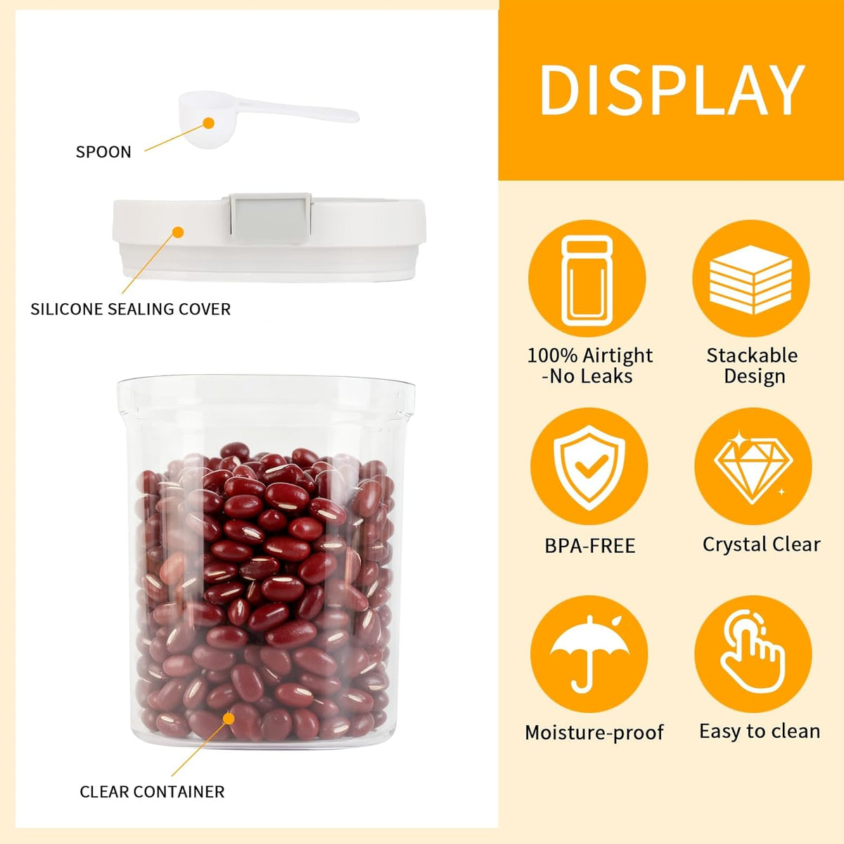 Airtight Food Storage Container, 44oz Moisture-Proof Canister with Measuring Spoon for Coffee, Protein Powder, Sugar, Flour, Cereal, Kitchen & Pantry Organization (1300ML)
