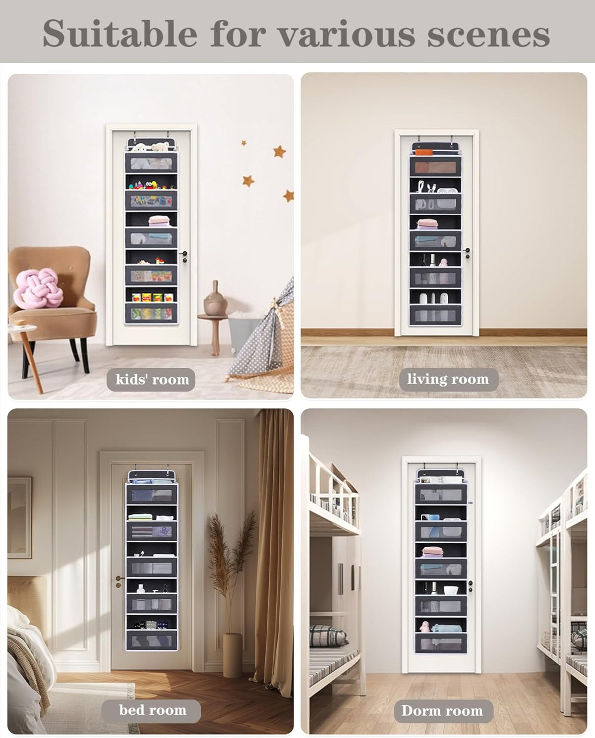 Over The Door Organizer 44LB Capacity with 5 Large Pockets & 10 Mesh Side Pockets, Clear Window Anti-Tilt Hanging Storage for Nursery, Bathroom, Pantry - Dark Grey, 1 Pack