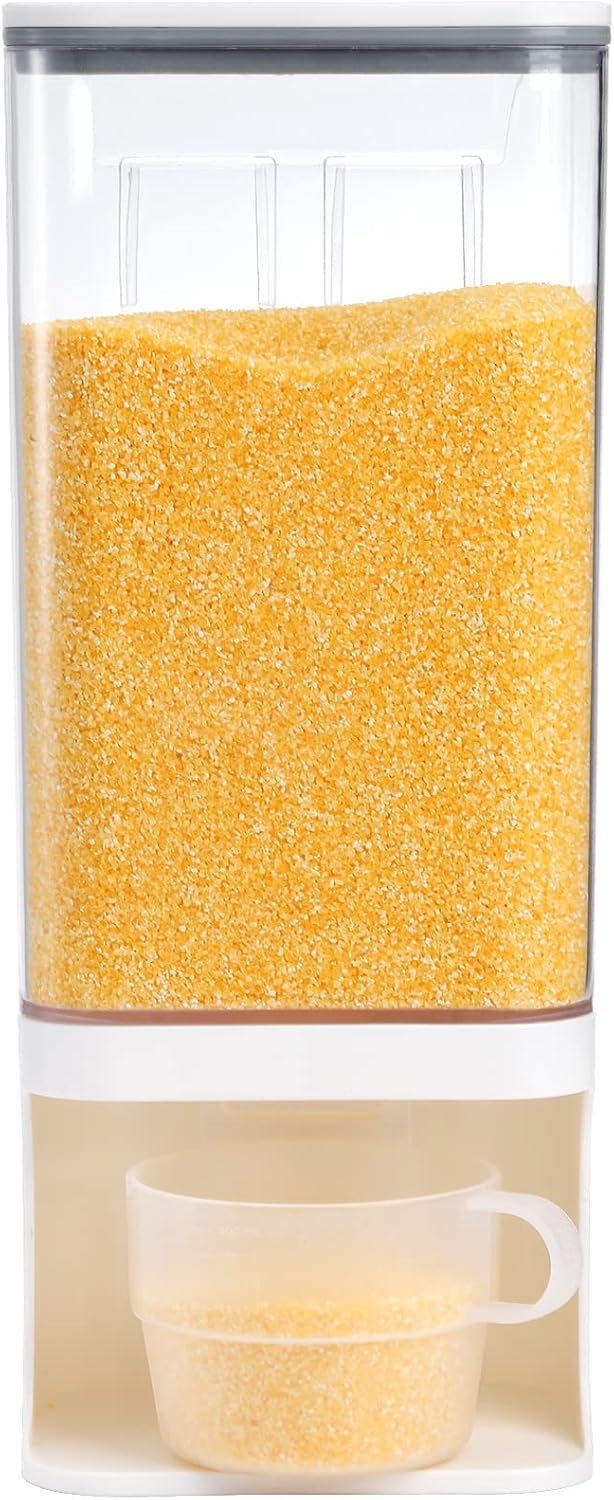 AVLA Rice Dispenser, Wall-Mounted Laundry Detergent Container, Cereal Dry Food Storage Bucket with Measuring Cup, Kitchen Grain Organizer with Lid, BPA-Free, for Beans, Laundry Scent Bead, Pet Food