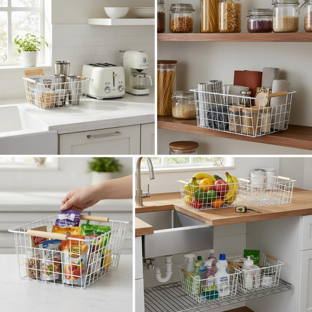 White Metal Wire Food Storage Basket with Wooden Handles for Organizing Snack Basket,Pantry Organizers and Storage for Kitchen Cabinets 4 Pack (Medium)