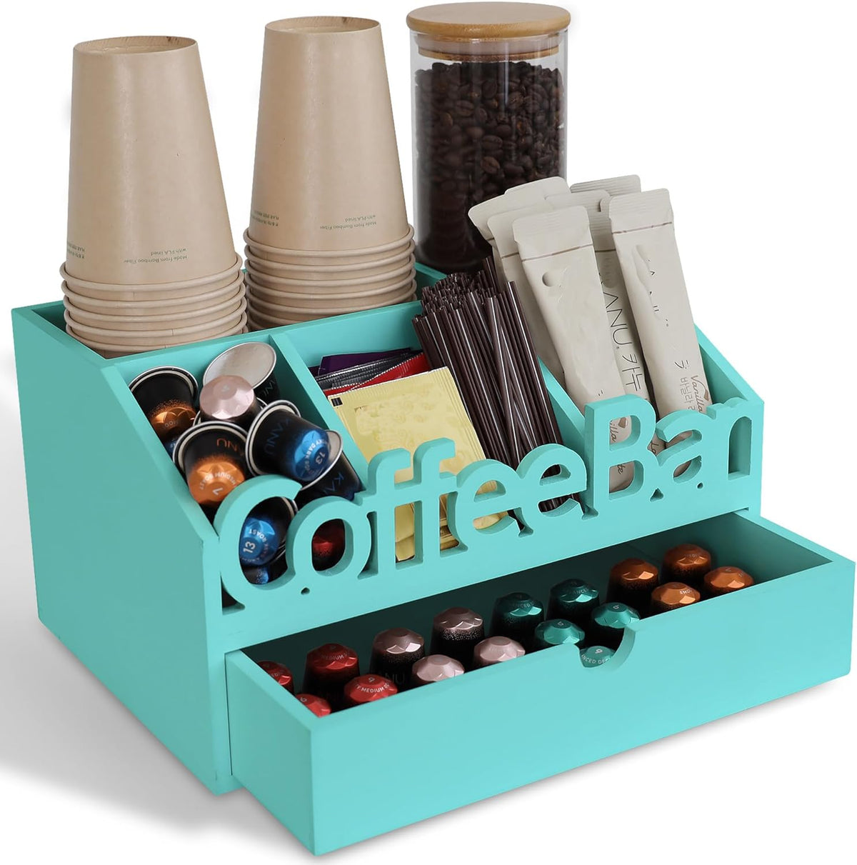 Coffee Bar Organizer for Countertop – Wooden Coffee Caddy with Compartments for Pods, Sugar Packets, and Accessories – Coffee Condiment Station Storage for Home and Office (Black)
