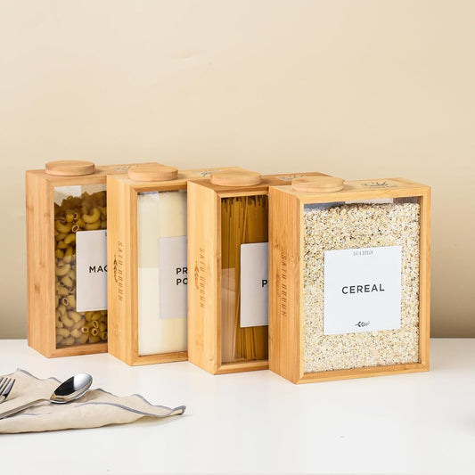 Bamboo Kitchen Cereal Containers Storage Dispenser, 3 Liter Airtight Pantry Organizers with Lid, Home Organization for Cereal, Rice, Flour, Snack, Candy Storage-1 sponge cleaning brush