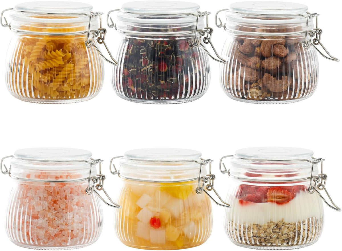 17oz Airtight Glass Jars, 6 Pack Clamp Lid Canisters, Small Food Storage Containers for Spices, Nuts, Snacks, Canning Jar for Jams & Pickling, Pantry Organization
