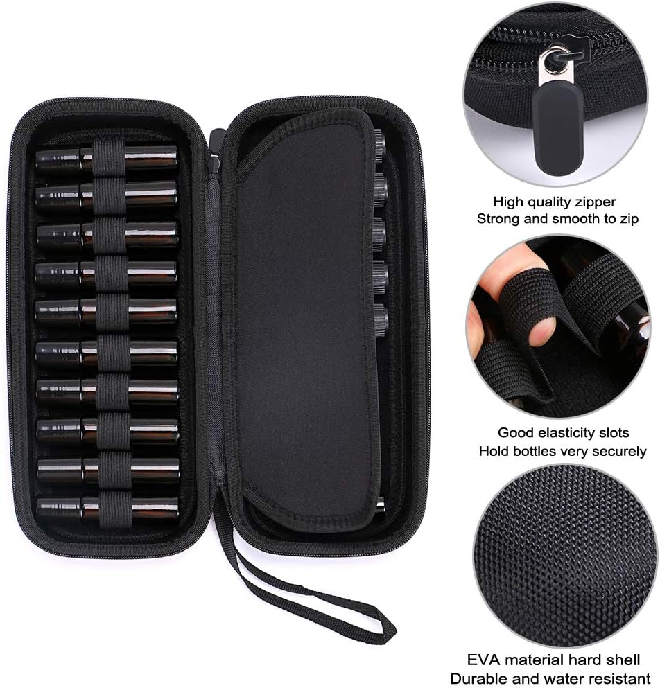 Hipiwe EVA Essential Oils Carrying Case Organizer for 20 Bottles 5ml 10ml Standard and Rollers Bottles Portable Hard Shell Essential Oils Travel Bag Holder for Essential Oils Bottle Storage (Black)