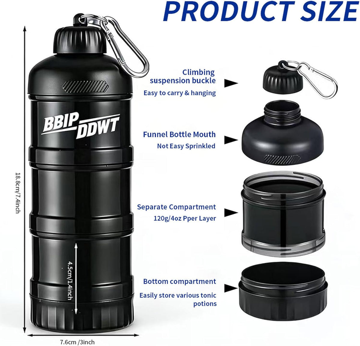 3-Layer Protein Powder Container With Funnels Stand,Stackable Leakproof Protein Powder Dispenser,Portable Protein Powder Container to Go for Workout, Fitness, Travel-Black