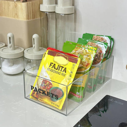 Seasoning Packet Organizer - Acrylic Packet Organizer Pantry for Sauces Spice Condiment Snack Packets with 4 Compartments, Clear Storage Caddy for Cabinet and Countertop.