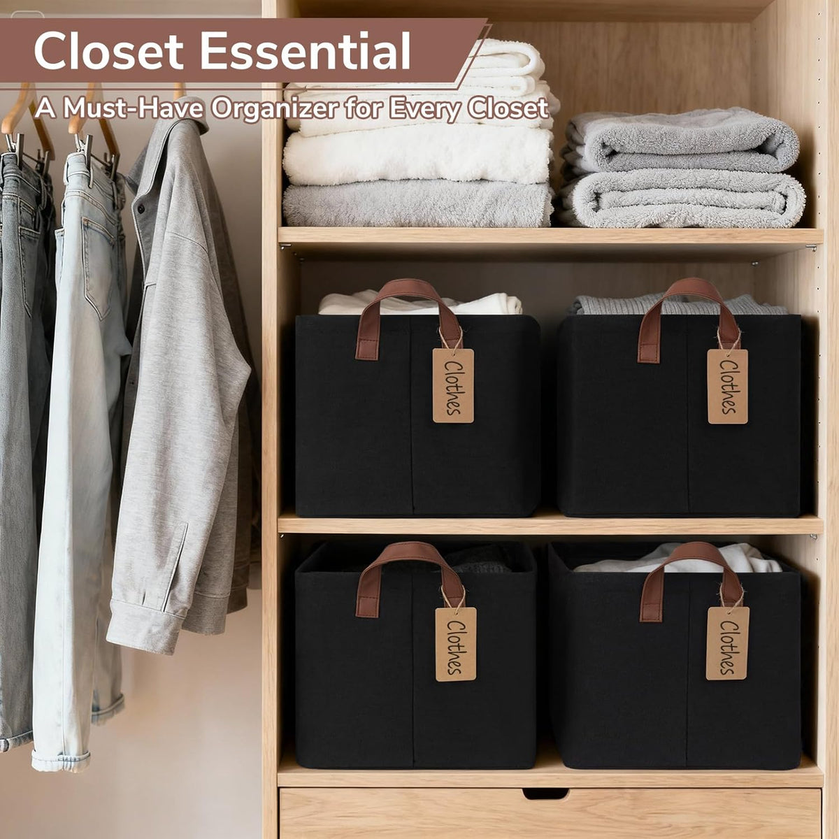 CHICVITA 4 Pack Large Storage Baskets for Shelves, Collapsible Closet Organizer Bins with Metal Frame, Fabric Storage Bins for Clothes Towels Organization, 16.8" x 11" x 9.8", Beige