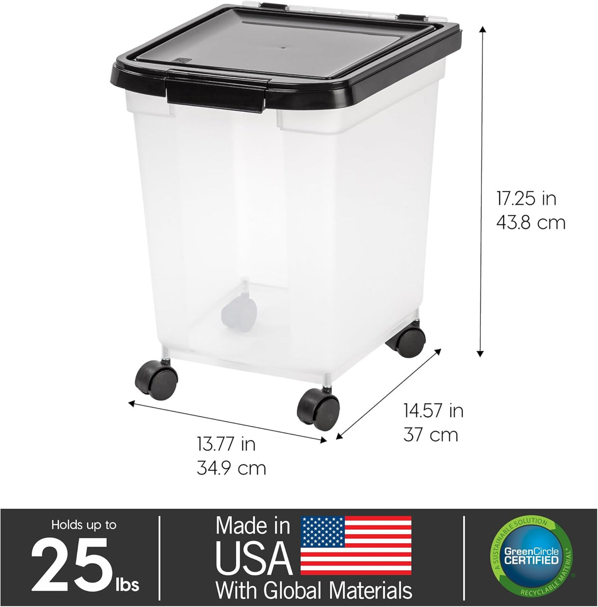 IRIS USA Airtight Dog Food Storage Container, WeatherPro, Up to 50 lbs, Removable Wheels, for Dog Cat Bird and Other Pet Food Storage Bin, Keep Fresh, Translucent Body, Made in USA, Clear/Gray