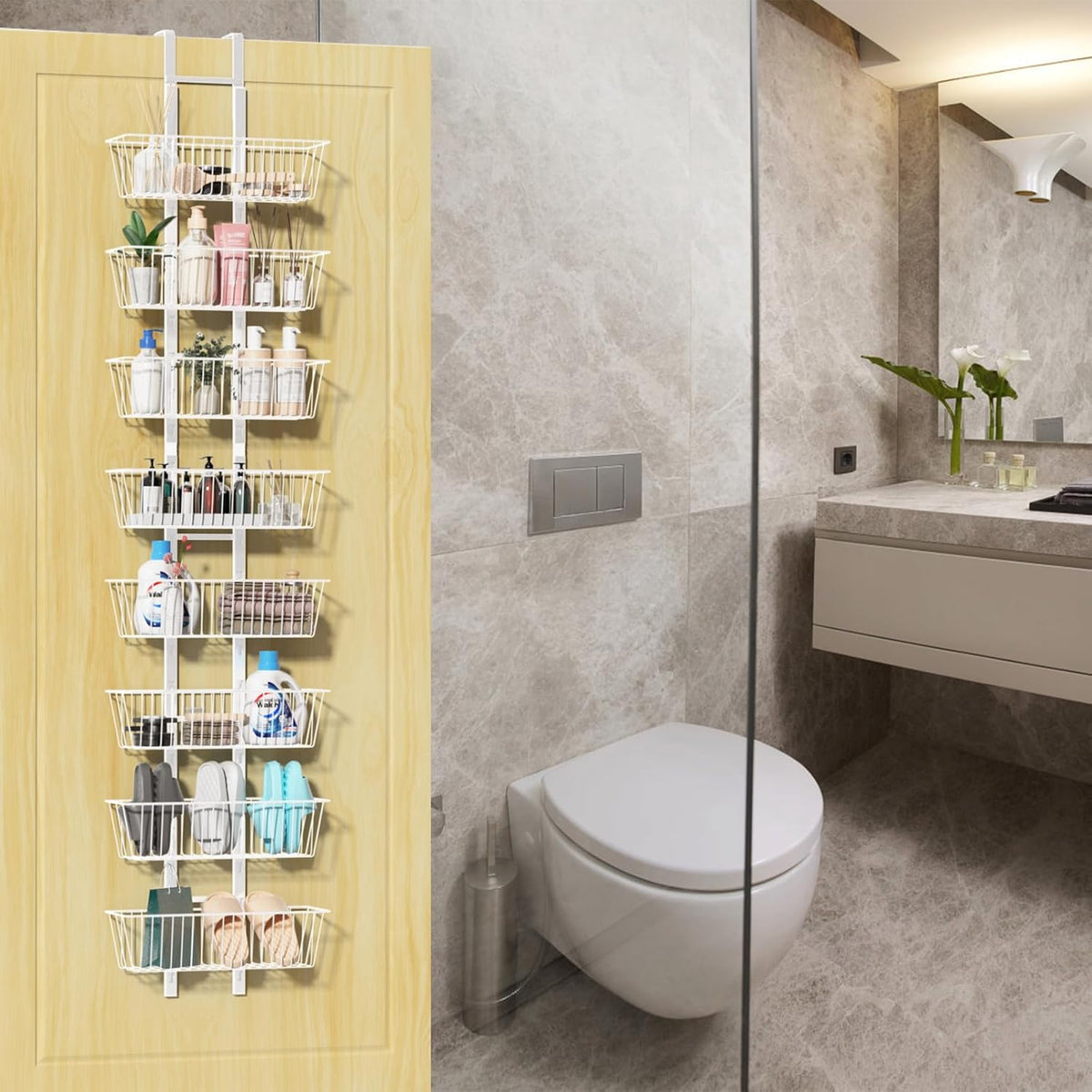 10 Tier Over the Door Pantry Organizer, Over the Door Spice Rack with Adjustable Baskets, Metal Hanging Door Pantry Organizers and Storage for Kitchen Bathroom Bedroom, White
