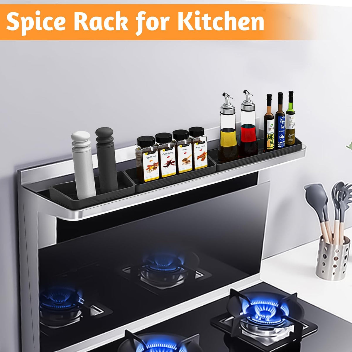 Magnetic Stove Top Shelf, Over the Stove Shelf Spice Rack & Spice Organizer – 30" Heat Resistant Silicone Stove Shelf, No Drill Kitchen Storage Organizer for Gas/Electric Stoves & Small Kitchens