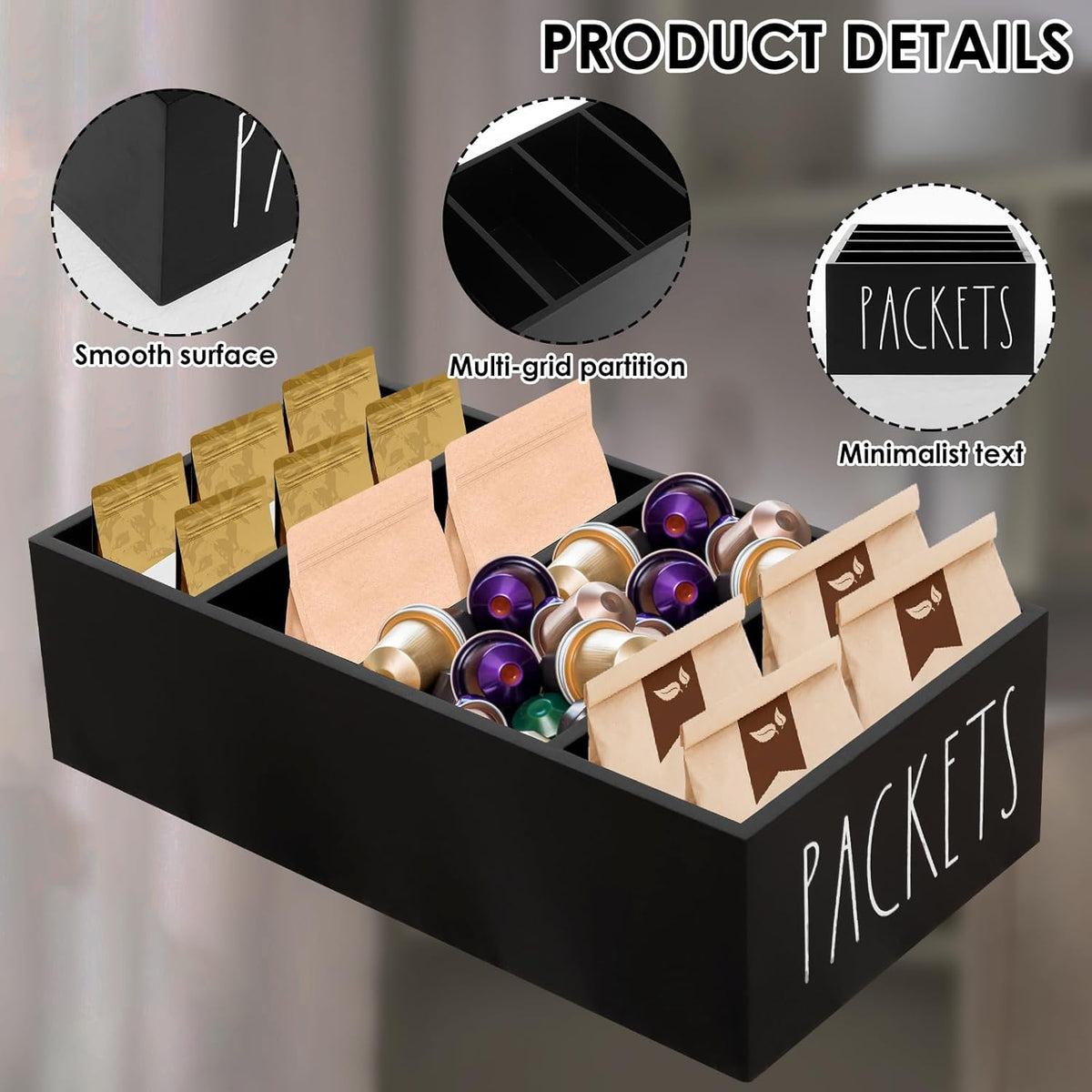 Wooden Seasoning Packet Organizer with 4 Compartments,10.63×5.51×3.15 inch Food Packet Storage Organizer Spice Holder with Dividers, Seasoning Storage Bins for Kitchen Pantry Cabinet Countertop(Black)