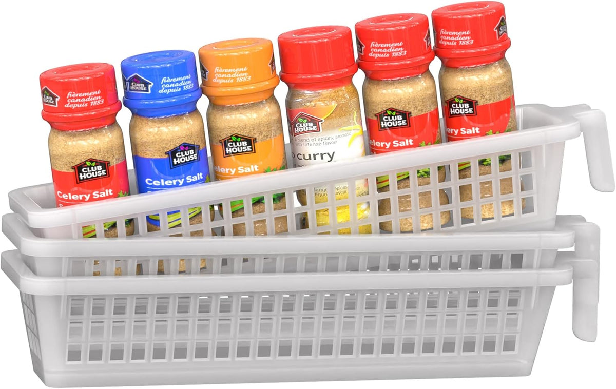 Handy Basket – Kitchen Discovery – Kitchen Pantry Organizers and Storage - Plastic Organizer Bins with Handles in Large Size for Chip Bags, Cake Mixes, Pasta, and Condiments