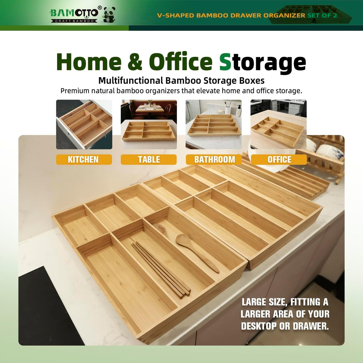 BAMOTTO CRAFTBAMBOO Stack Bamboo Drawer Organizer Set of 5, Kitchen Utensil, Flatware&Silverware Organizer-Wood Laminated Stackable for Kitchen, Bedroom, 13.4''x4.5''*2+10.2''x3.3''*2+10.2''x6.7''*1
