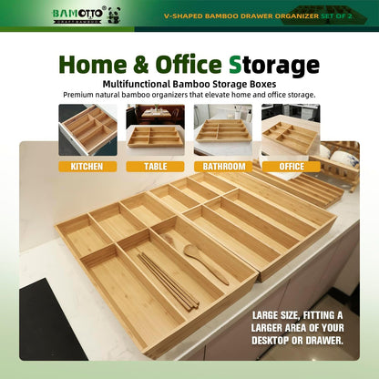 BAMOTTO CRAFTBAMBOO Stack Bamboo Drawer Organizer Set of 5, Kitchen Utensil, Flatware&Silverware Organizer-Wood Laminated Stackable for Kitchen, Bedroom, 13.4''x4.5''*2+10.2''x3.3''*2+10.2''x6.7''*1