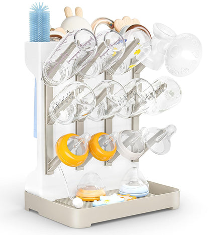 GoMaihe Baby Bottle Drying Rack: Space Saving Vertical Bottle Dryer Holder - Newborn Accessories Storage Stand Organize Brushes Pacifiers on Countertop - BPA-Free - Gray