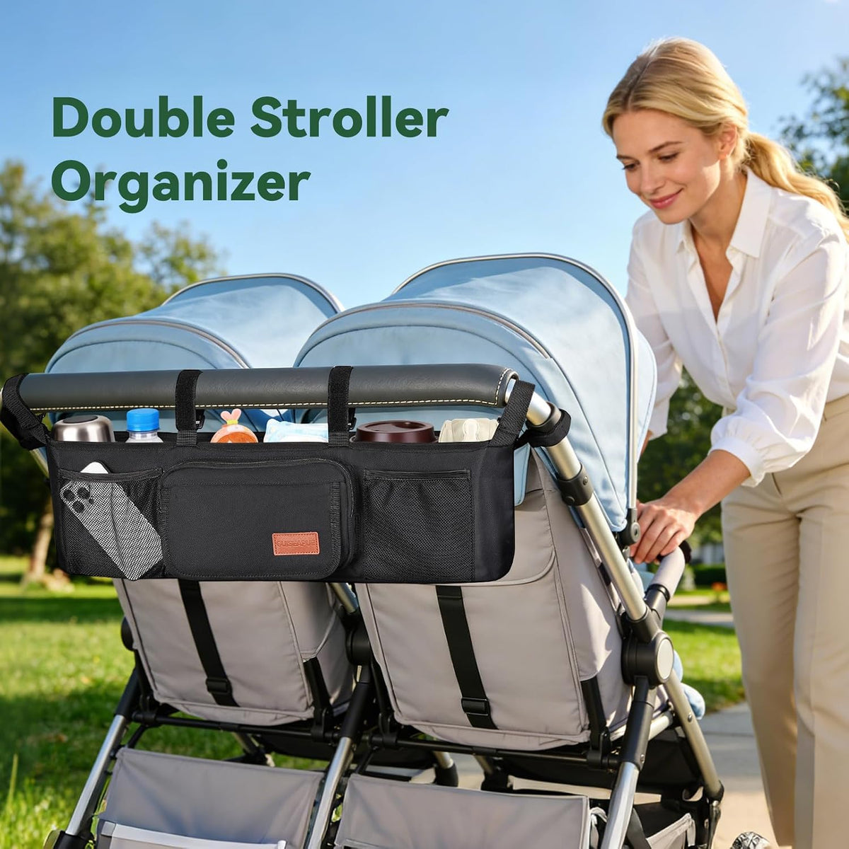 Guiseapue Universal Stroller Organizer with Cup Holder: Baby Essentials, Stroller Caddy Accessories with Detachable Phone Bag, Non-Slip Straps, Fits for Uppababy, Baby Jogger, New Moms Baby Gifts