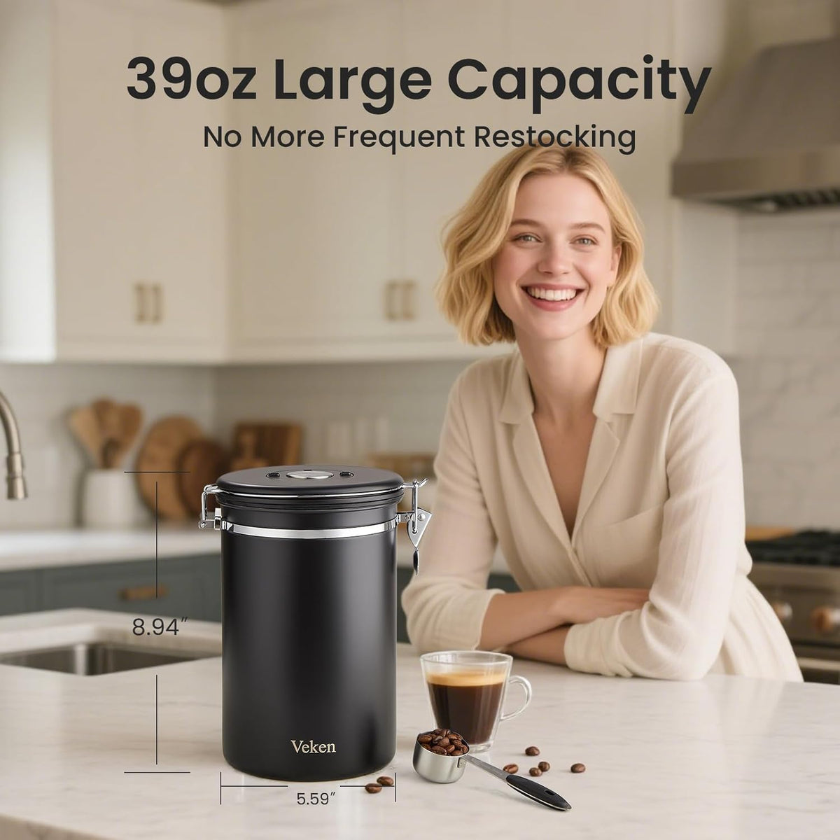 Veken Coffee Canister, 39OZ Large, Mothers Day Gifts For Women, Airtight Stainless Steel Food Storage Container for 2.2lbs Coffee Beans, Ground, Sugar, Tea, Flour, Cereal,Kitchen Bar Accessories,Cream